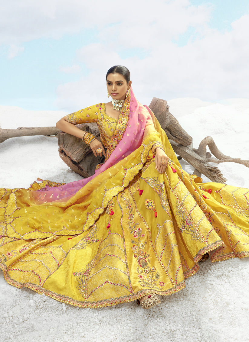 Lovely Lemon Yellow Silk Embroidered Designer Wedding Lehenga Choli Set