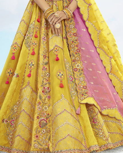 Lovely Lemon Yellow Silk Embroidered Designer Wedding Lehenga Choli Set