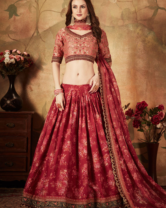Astonishing Maroon and Peach Organza Printed Wedding Lehenga Choli