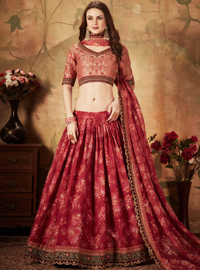 Astonishing Maroon and Peach Organza Printed Wedding Lehenga Choli