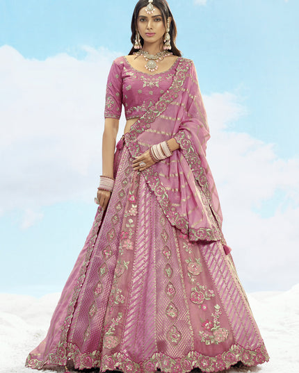 Awesome Puce Pink Silk Embroidered Designer Wedding Lehenga Choli Set