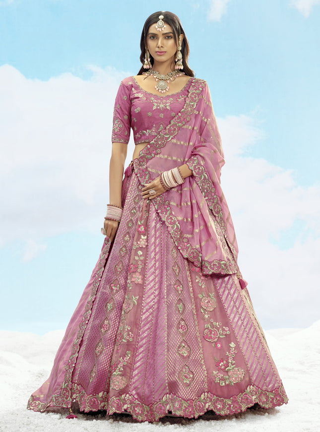 Awesome Puce Pink Silk Embroidered Designer Wedding Lehenga Choli Set