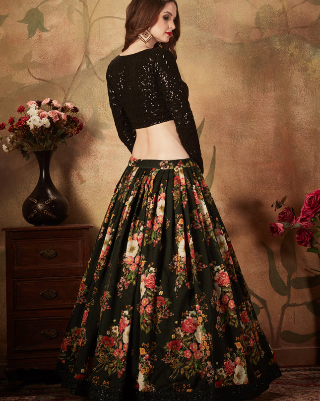 Stunning Black Organza Printed Wedding Lehenga Choli