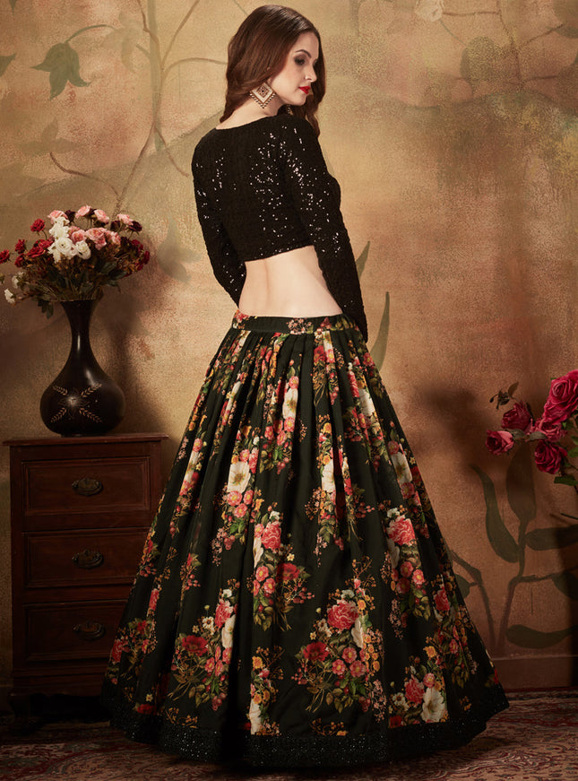 Stunning Black Organza Printed Wedding Lehenga Choli