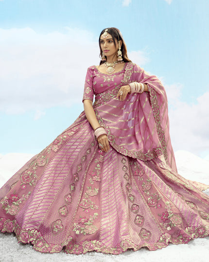 Awesome Puce Pink Silk Embroidered Designer Wedding Lehenga Choli Set