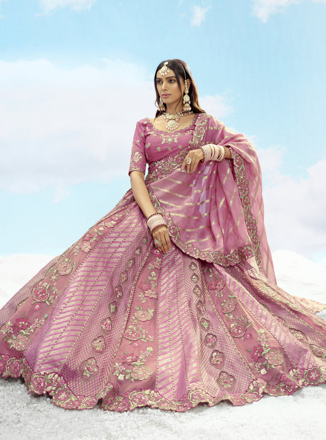 Awesome Puce Pink Silk Embroidered Designer Wedding Lehenga Choli Set
