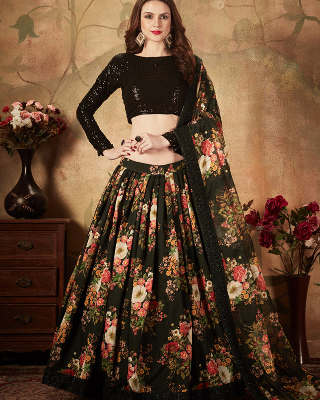 Stunning Black Organza Printed Wedding Lehenga Choli