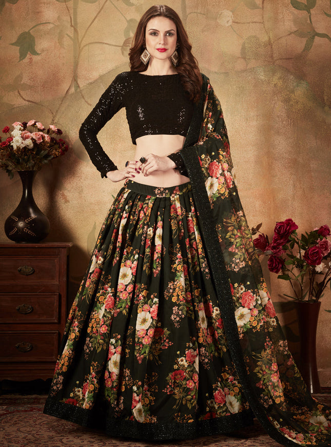 Stunning Black Organza Printed Wedding Lehenga Choli