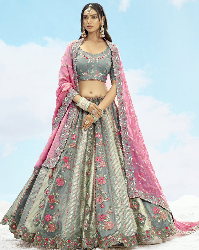 Glamorous Grey Silk Embroidered Designer Wedding Lehenga Choli Set