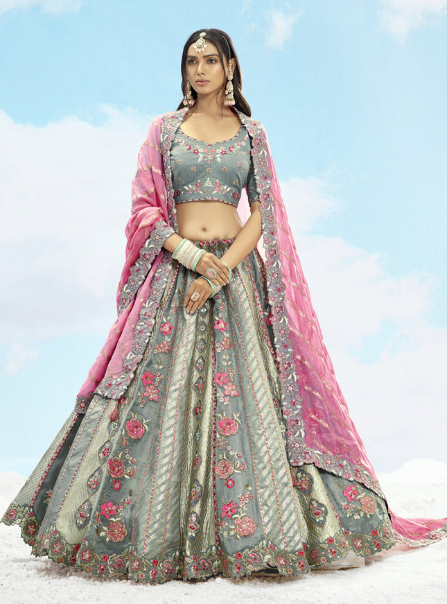 Glamorous Grey Silk Embroidered Designer Wedding Lehenga Choli Set