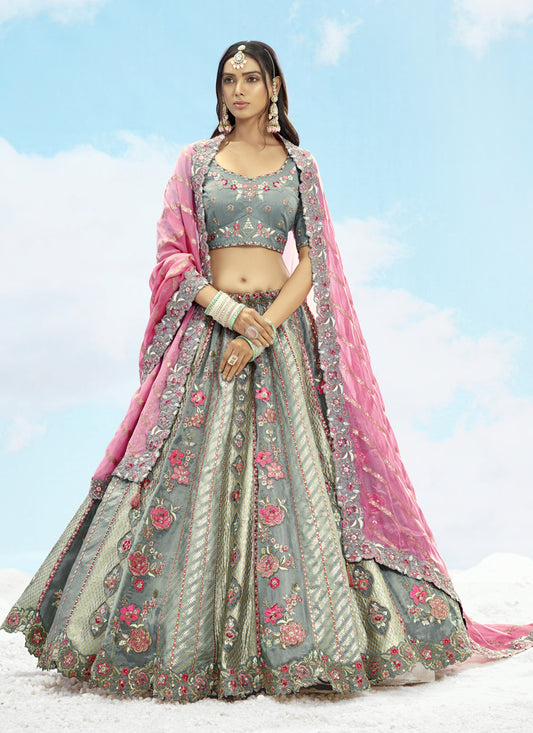 Glamorous Grey Silk Embroidered Designer Wedding Lehenga Choli Set