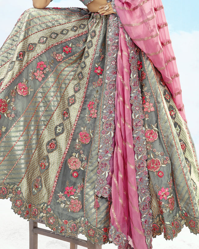 Glamorous Grey Silk Embroidered Designer Wedding Lehenga Choli Set