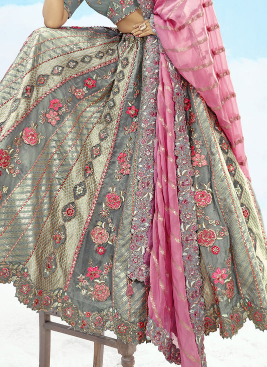 Glamorous Grey Silk Embroidered Designer Wedding Lehenga Choli Set