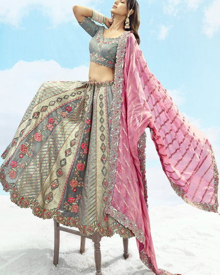 Glamorous Grey Silk Embroidered Designer Wedding Lehenga Choli Set