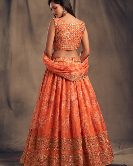 Stunning Orange Organza Embroidered Designer Lehenga Choli