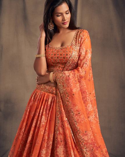 Stunning Orange Organza Embroidered Designer Lehenga Choli