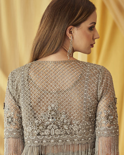 Dusty Beige Satin Georgette Embroidered Saree with Jacket Blouse