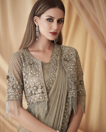 Dusty Beige Satin Georgette Embroidered Saree with Jacket Blouse