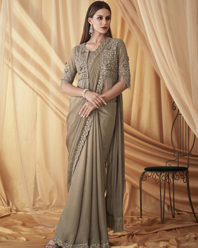Dusty Beige Satin Georgette Embroidered Saree with Jacket Blouse