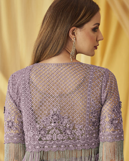 Mauve Satin Georgette Embroidered Saree with Jacket Blouse