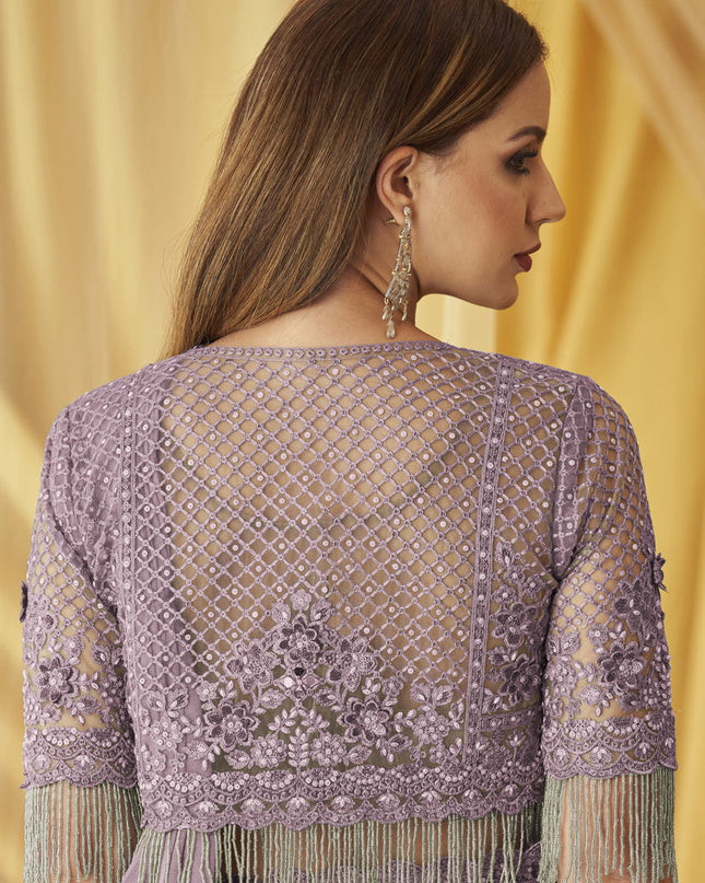 Mauve Satin Georgette Embroidered Saree with Jacket Blouse