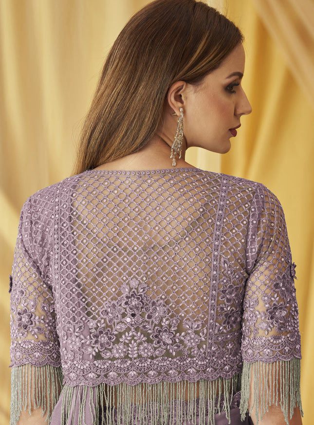 Mauve Satin Georgette Embroidered Saree with Jacket Blouse