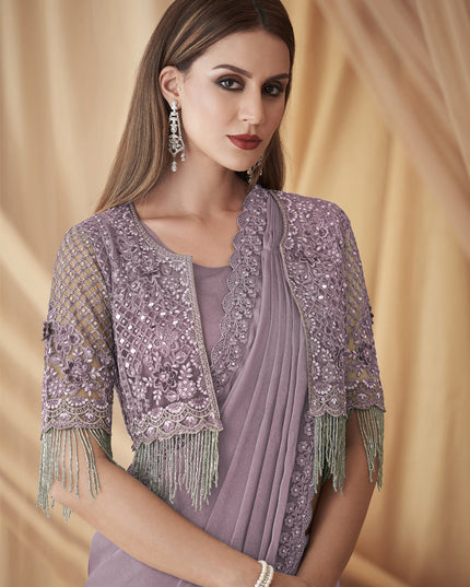Mauve Satin Georgette Embroidered Saree with Jacket Blouse
