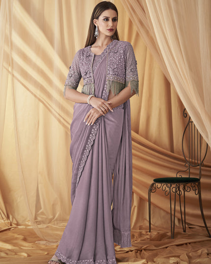 Mauve Satin Georgette Embroidered Saree with Jacket Blouse