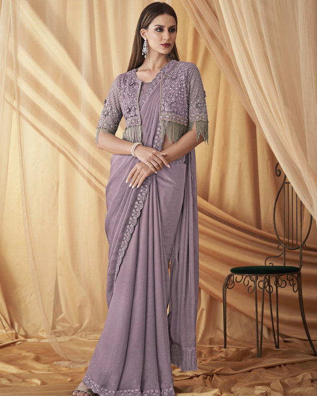 Mauve Satin Georgette Embroidered Saree with Jacket Blouse