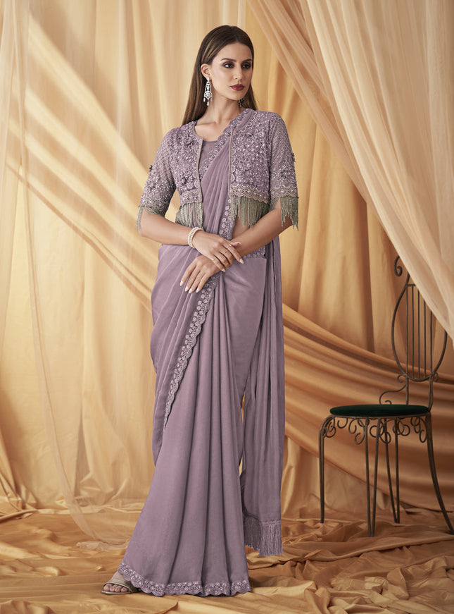 Mauve Satin Georgette Embroidered Saree with Jacket Blouse