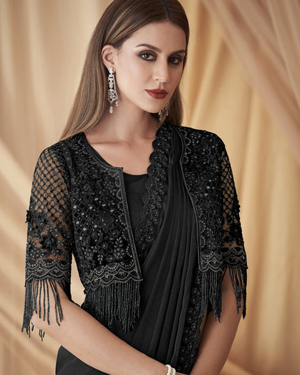 Black Satin Georgette Embroidered Saree with Jacket Blouse