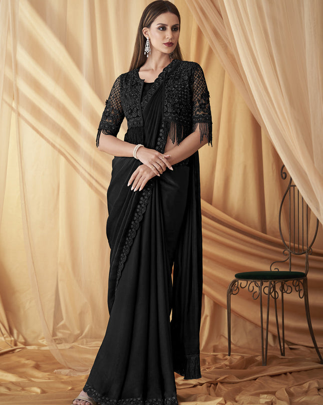 Black Satin Georgette Embroidered Saree with Jacket Blouse
