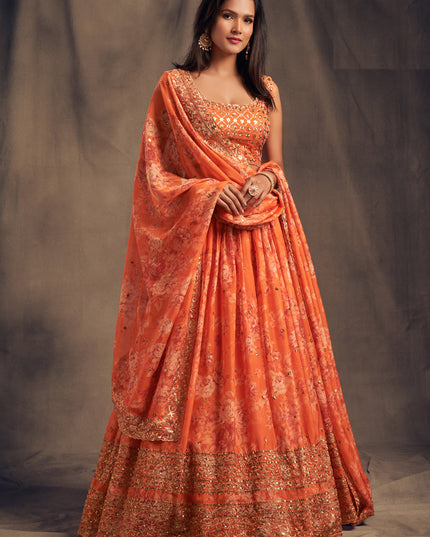 Stunning Orange Organza Embroidered Designer Lehenga Choli