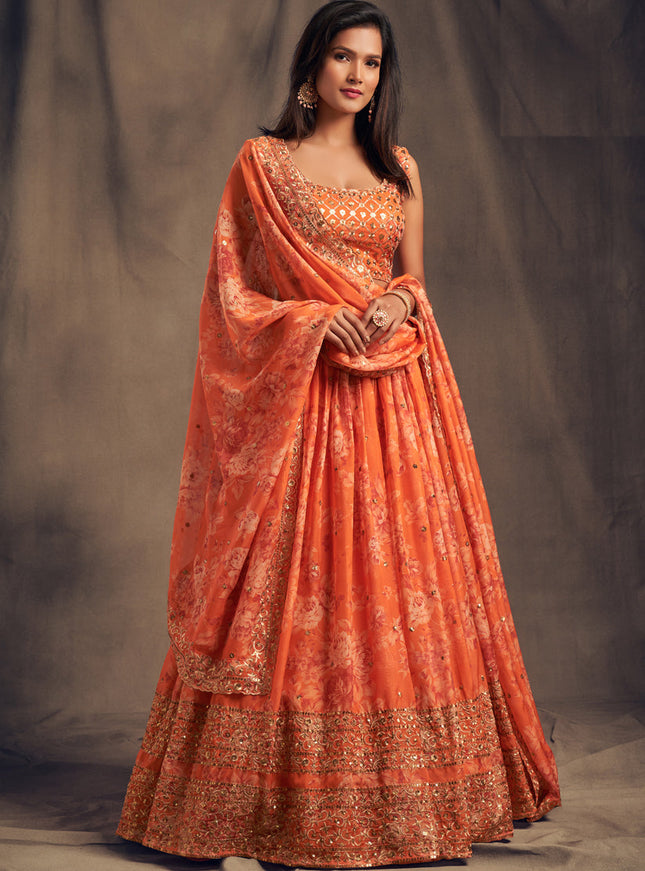 Stunning Orange Organza Embroidered Designer Lehenga Choli