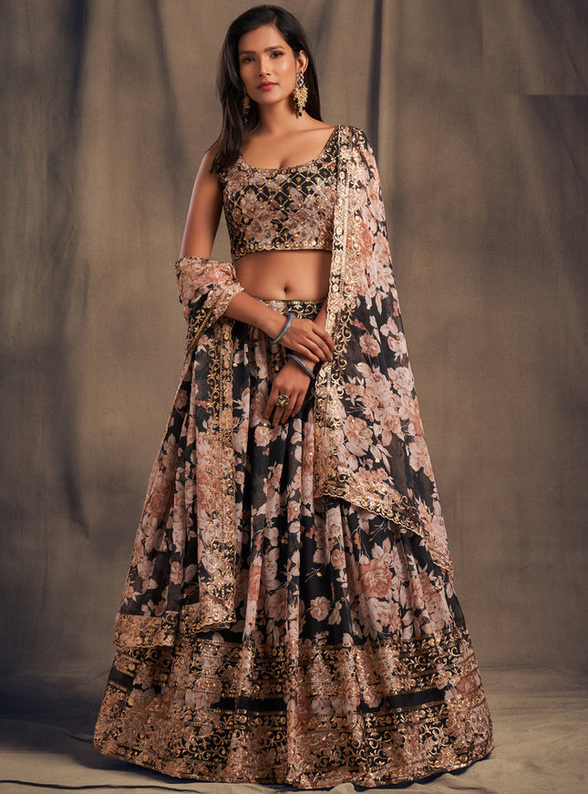 Awesome Black Organza Embroidered Designer Lehenga Choli