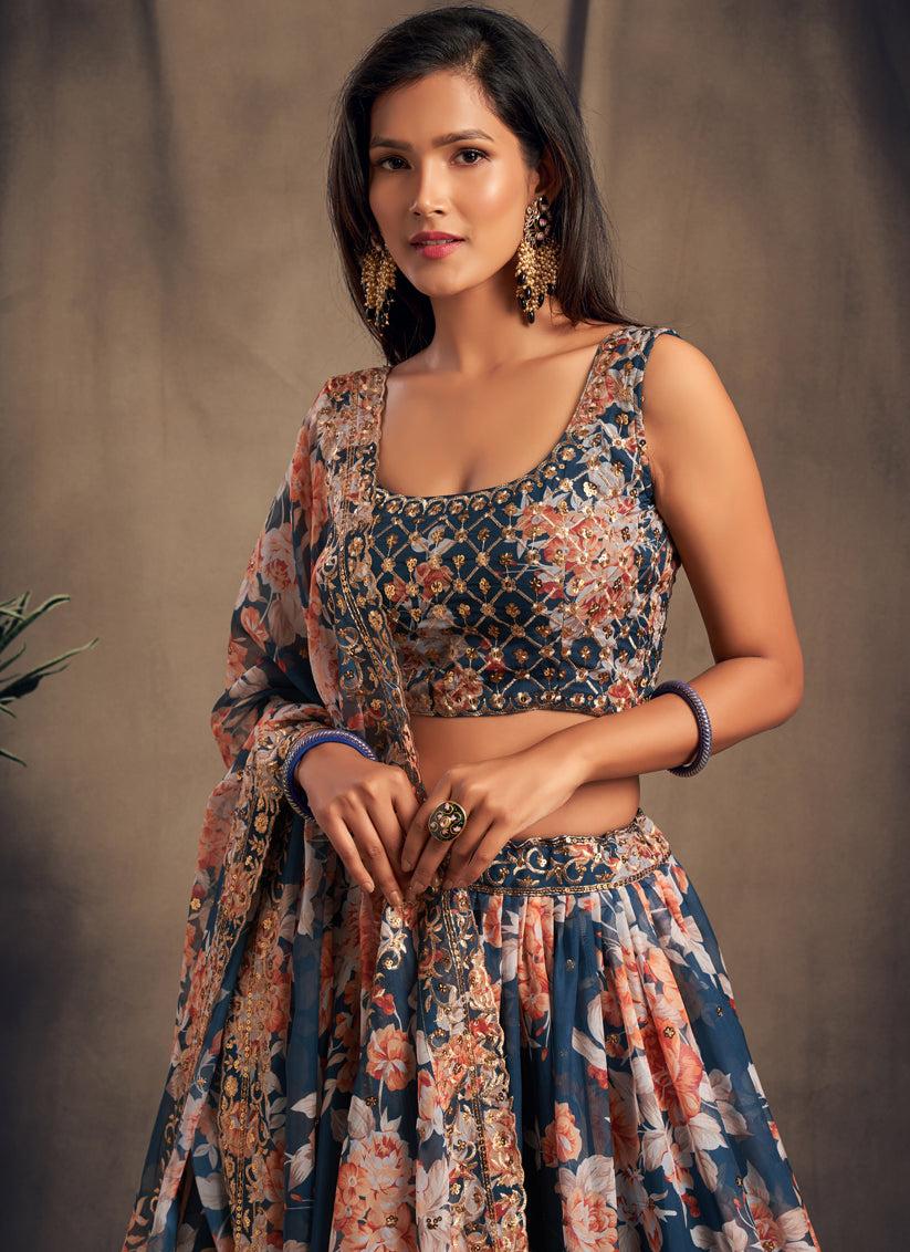 Pretty Dove Blue Organza Embroidered Designer Lehenga Choli