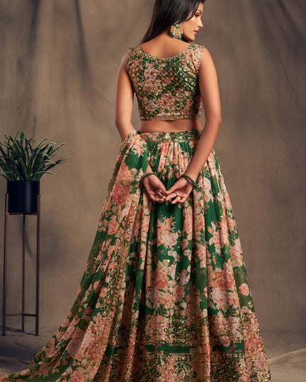 Elegant Green Organza Embroidered Designer Lehenga Choli