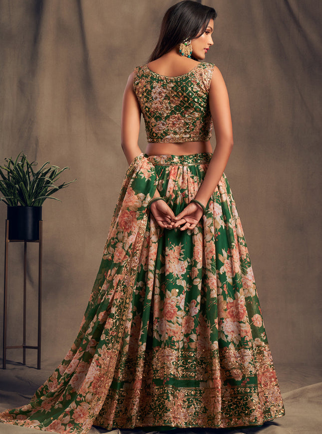 Elegant Green Organza Embroidered Designer Lehenga Choli