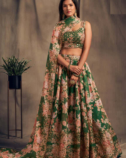Elegant Green Organza Embroidered Designer Lehenga Choli
