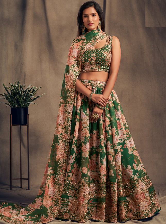 Elegant Green Organza Embroidered Designer Lehenga Choli
