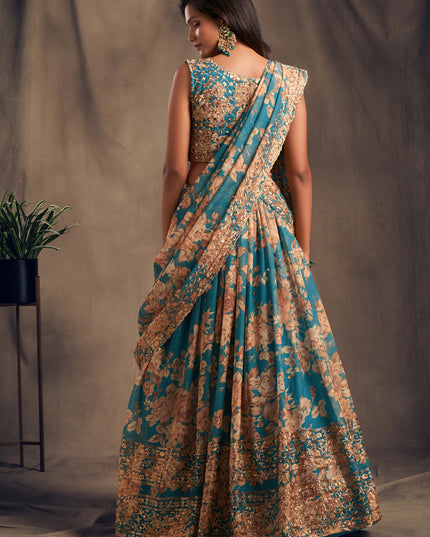 Captivating Teal Blue Organza Embroidered Designer Lehenga Choli