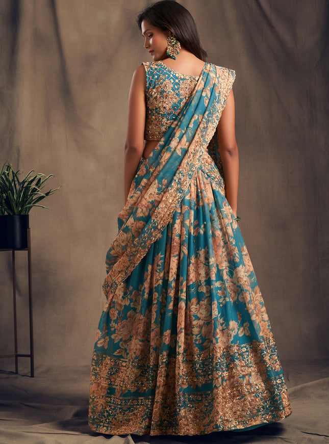 Captivating Teal Blue Organza Embroidered Designer Lehenga Choli
