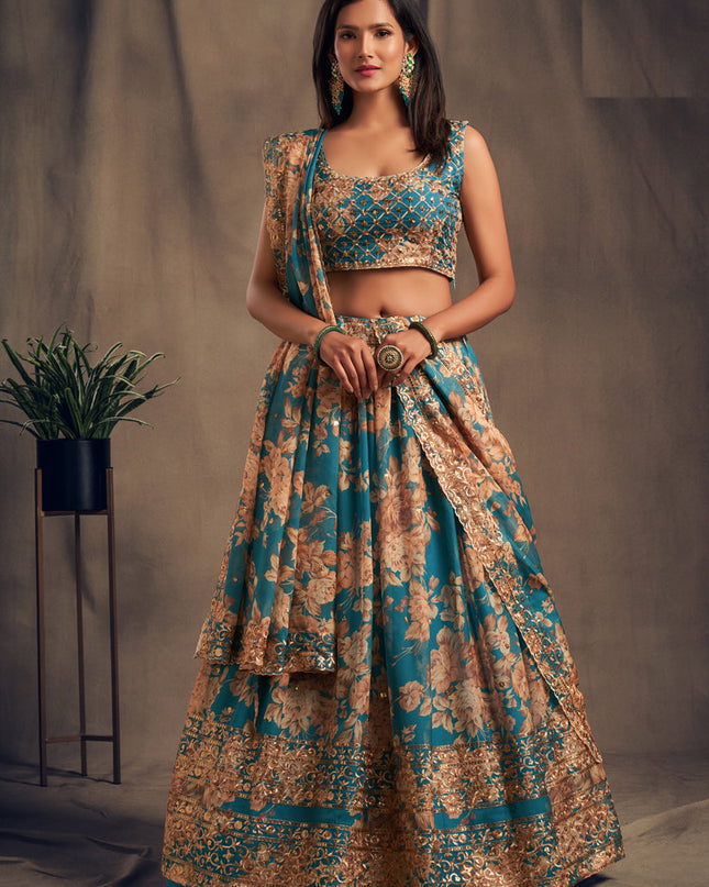 Captivating Teal Blue Organza Embroidered Designer Lehenga Choli