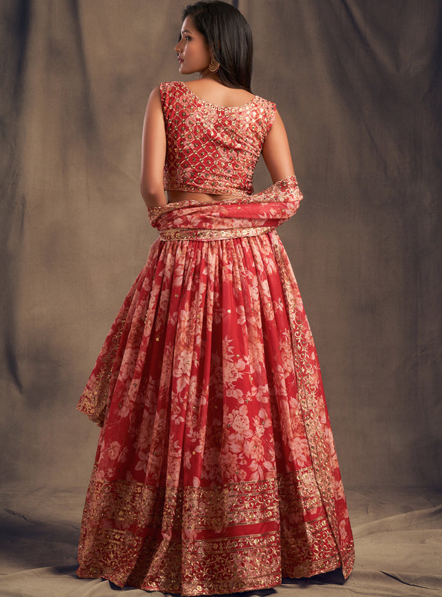 Sweet Red Organza Embroidered Designer Lehenga Choli