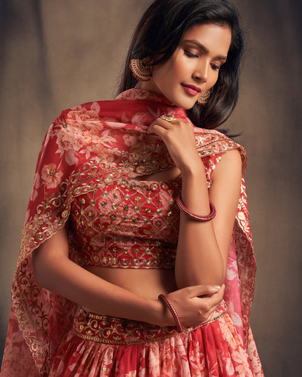 Sweet Red Organza Embroidered Designer Lehenga Choli