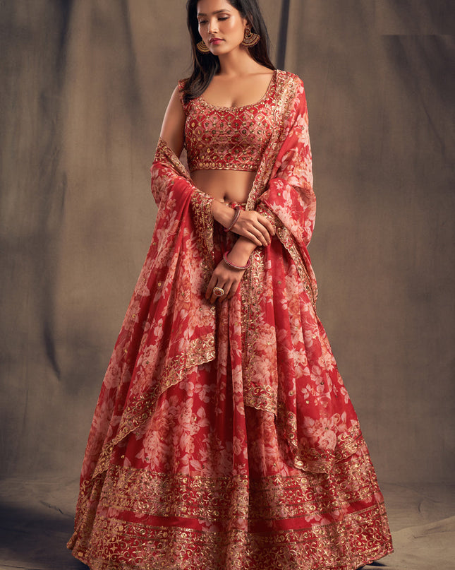 Sweet Red Organza Embroidered Designer Lehenga Choli