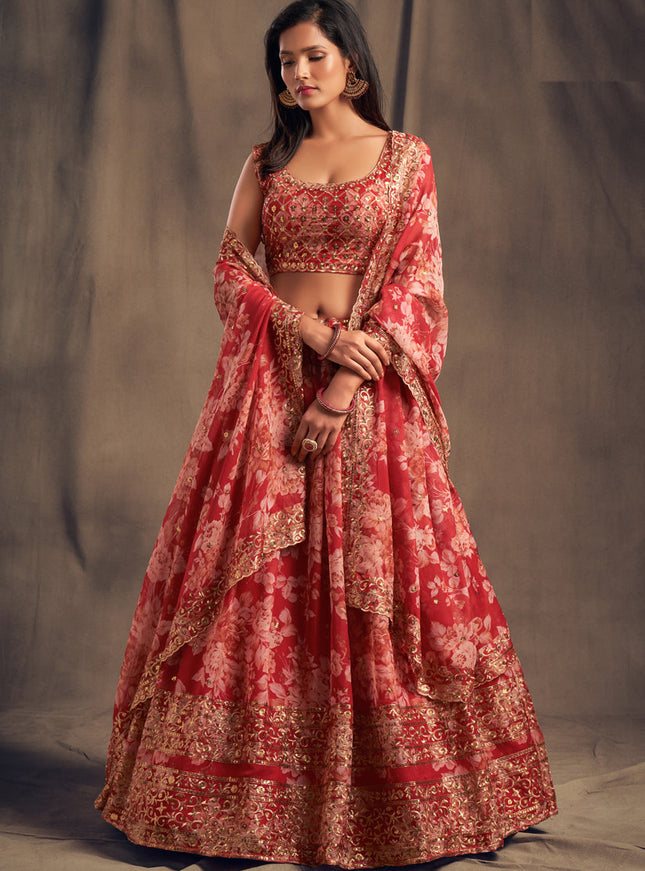 Sweet Red Organza Embroidered Designer Lehenga Choli