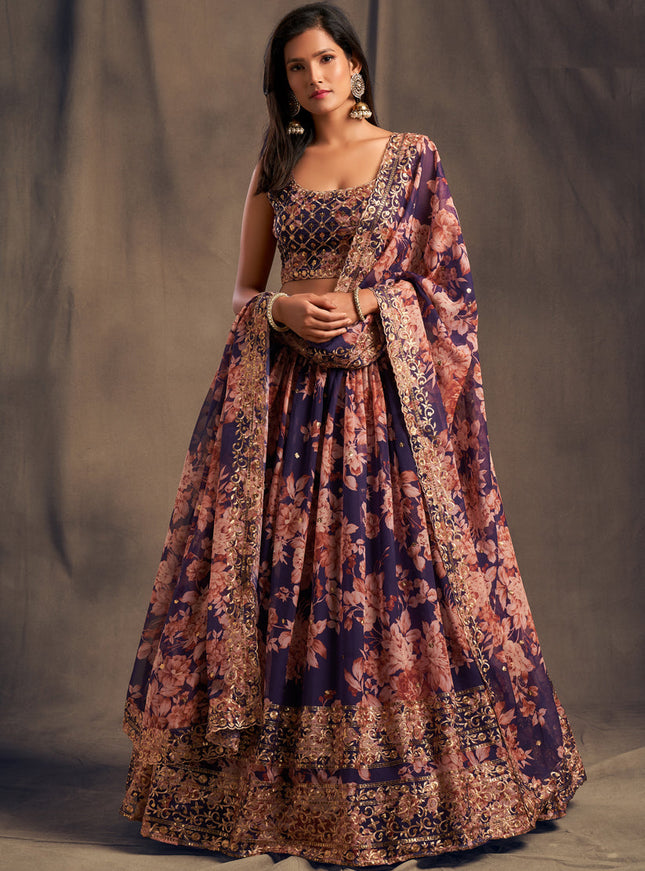 Stylish Purple Organza Embroidered Designer Lehenga Choli