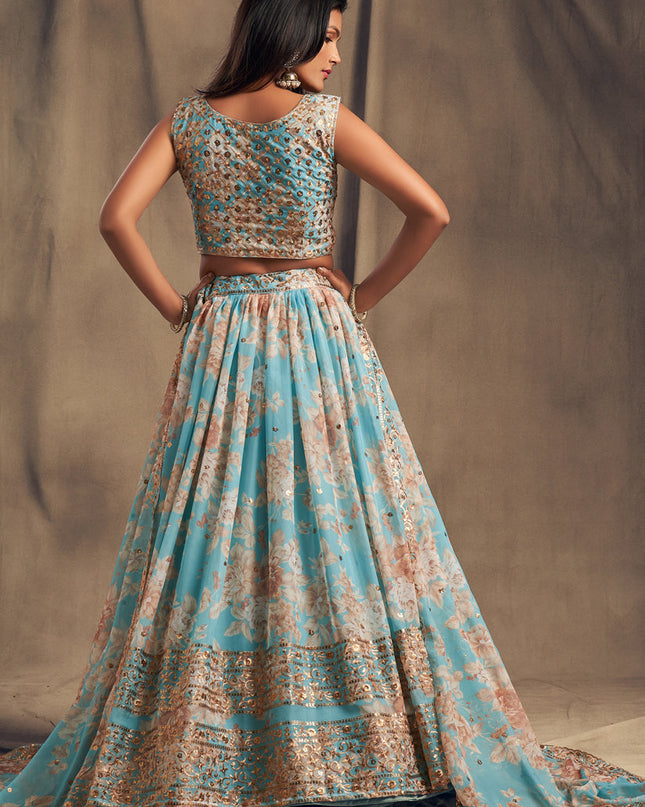 Beautiful Sky Blue Organza Embroidered Designer Lehenga Choli