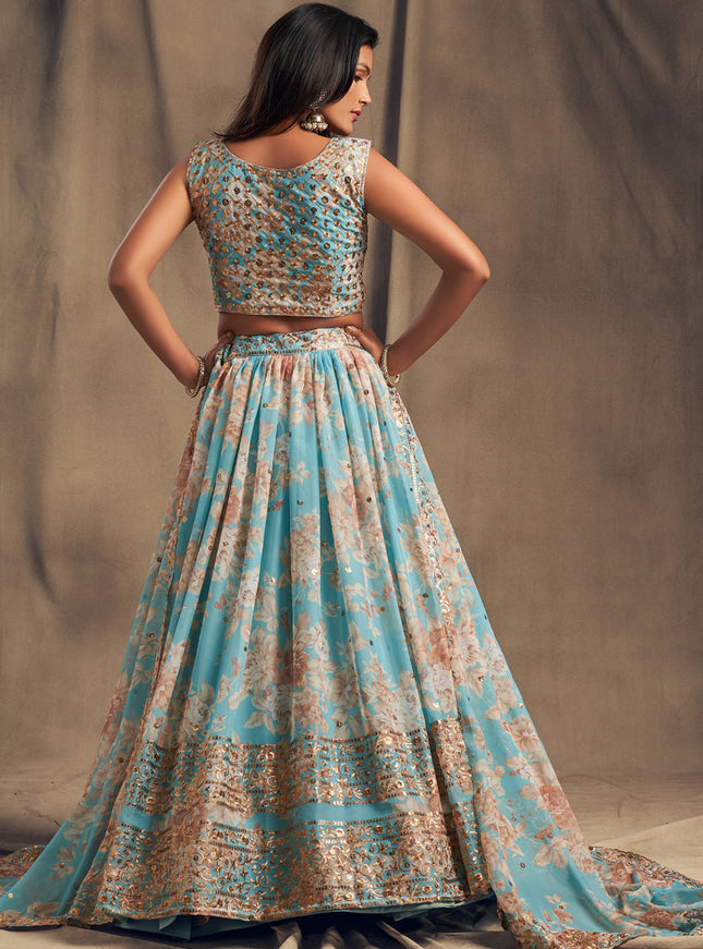 Beautiful Sky Blue Organza Embroidered Designer Lehenga Choli